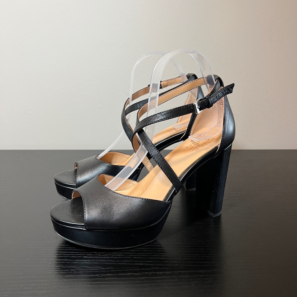 Naturalizer Melody Black Leather Platform Sandals Block Heel Crisscross Strap 9